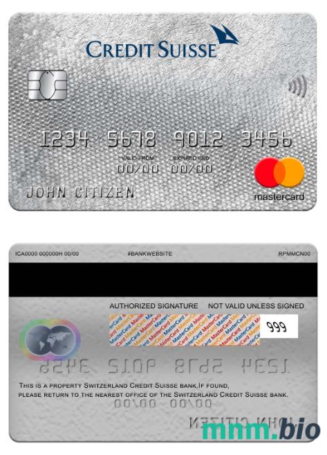 Switzerland Credit Suisse bank przykład karty mastercard w formacie PSD